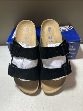 New Birkenstock Arizona women’s black suede sandals size 40 EU 9-9.5 Narrow